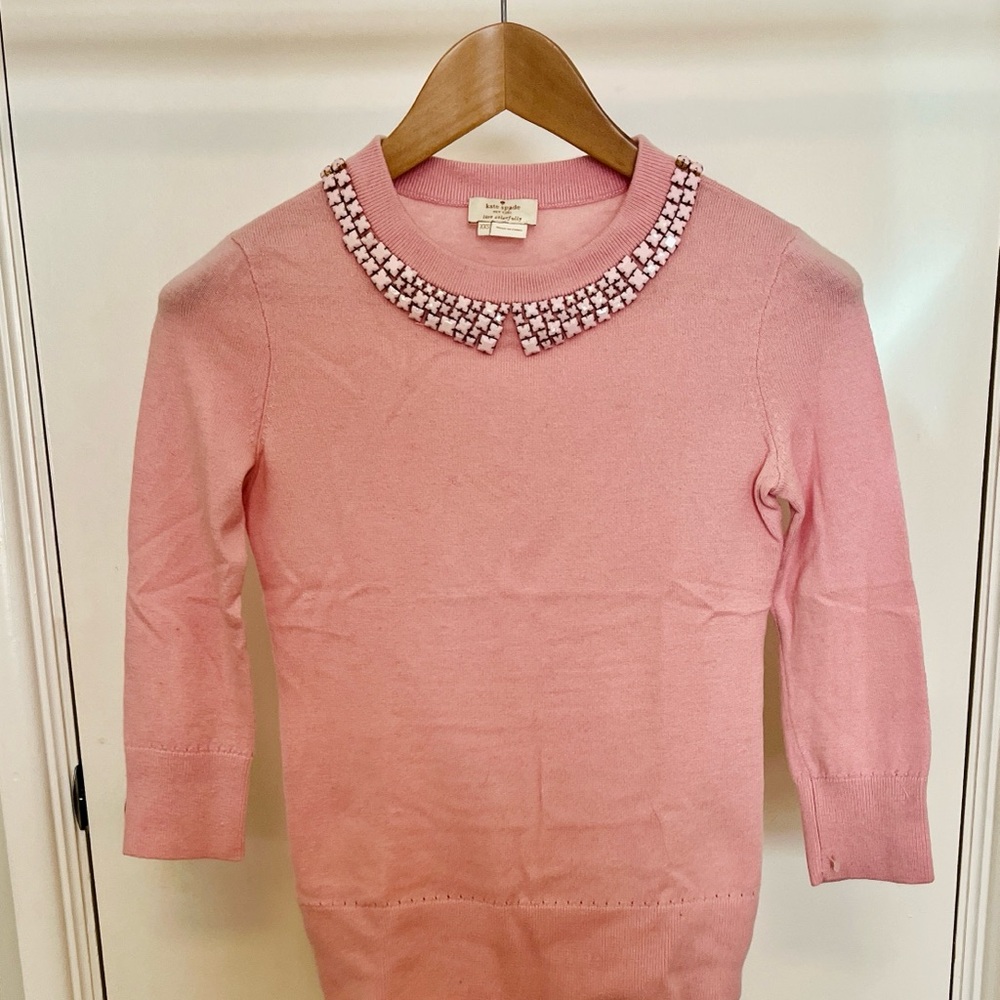 Kate Spade Pink Merino Wool Sweater with Gumdrop Pink Embellished Collar